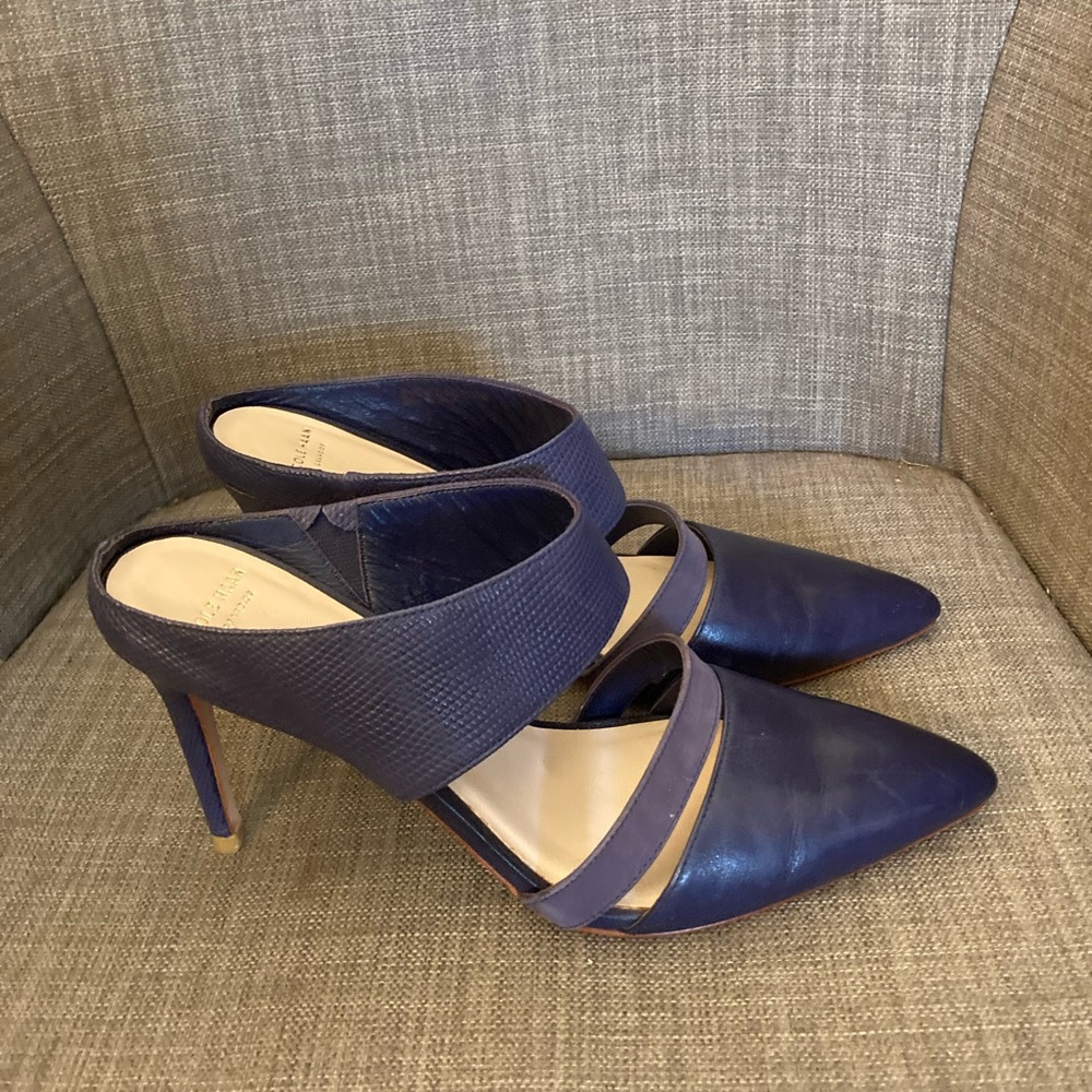 Cole Haan Lexington Navy Pointed Toe Leather High Heel Mules Size 7 MSRP $200